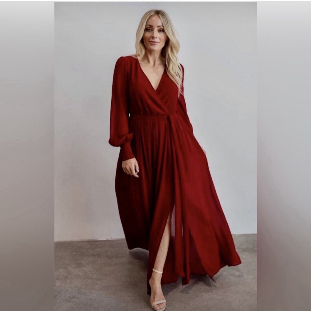 Baltic Born Celine Maxi Dress Size L Wine Red Chiffon Long Sleeve V-Neck READ